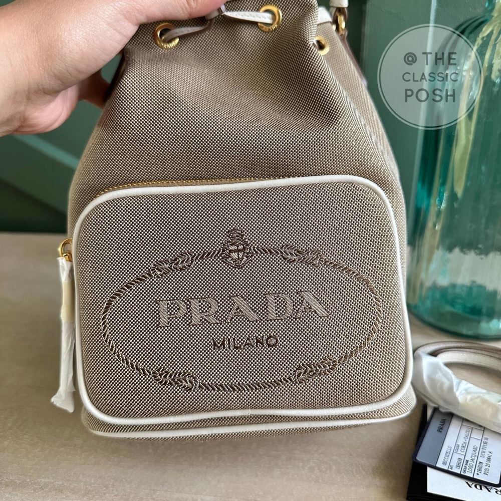 NEW Prada Jacquard Logo Bucket White Trim Canvas Tote  Crossbody Bag - Picture 3 of 11